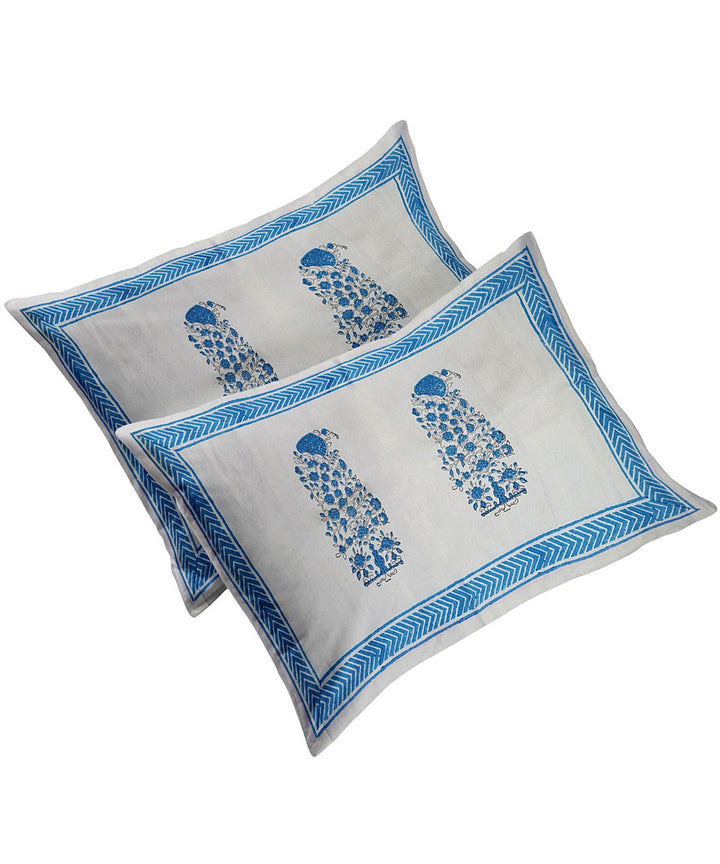 White sky blue hand block print king size cotton double bedsheet