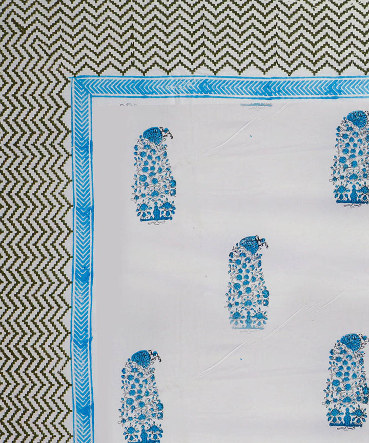 White sky blue hand block print king size cotton double bedsheet