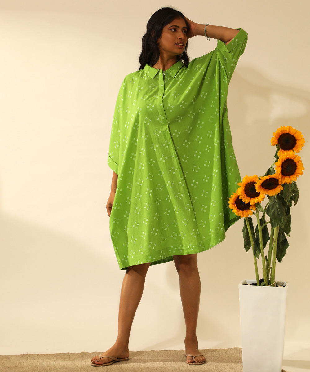 Green handcrafted bandhani cotton midi shirt dress
