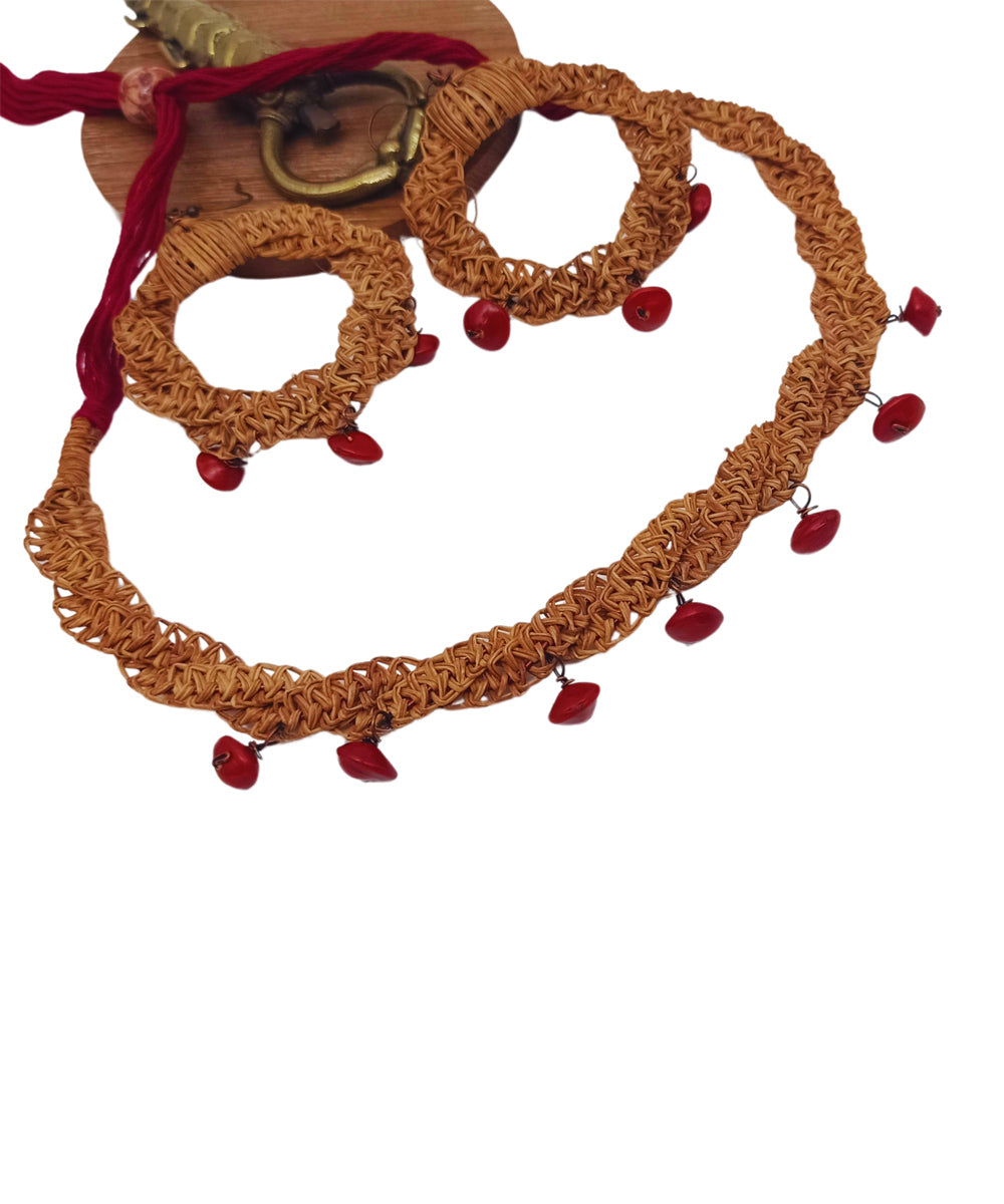 Brown and red handcrafted palm fibre seeds necklace and earring