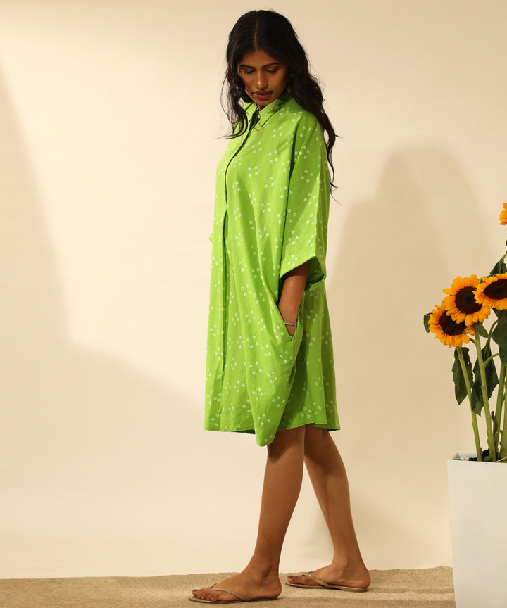 Green handcrafted bandhani cotton midi shirt dress