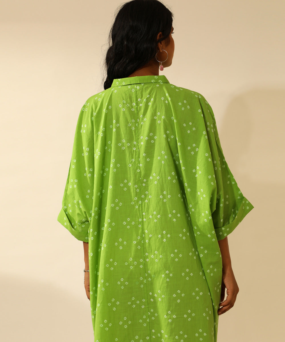 Green handcrafted bandhani cotton midi shirt dress