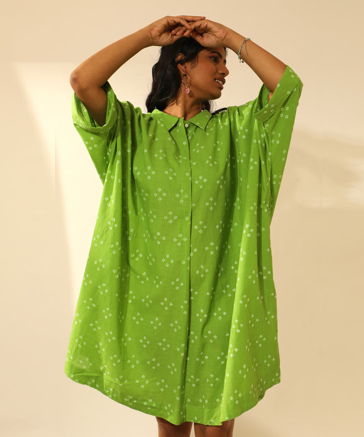 Green handcrafted bandhani cotton midi shirt dress