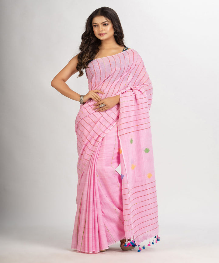 Pink striped handwoven cotton bengal saree