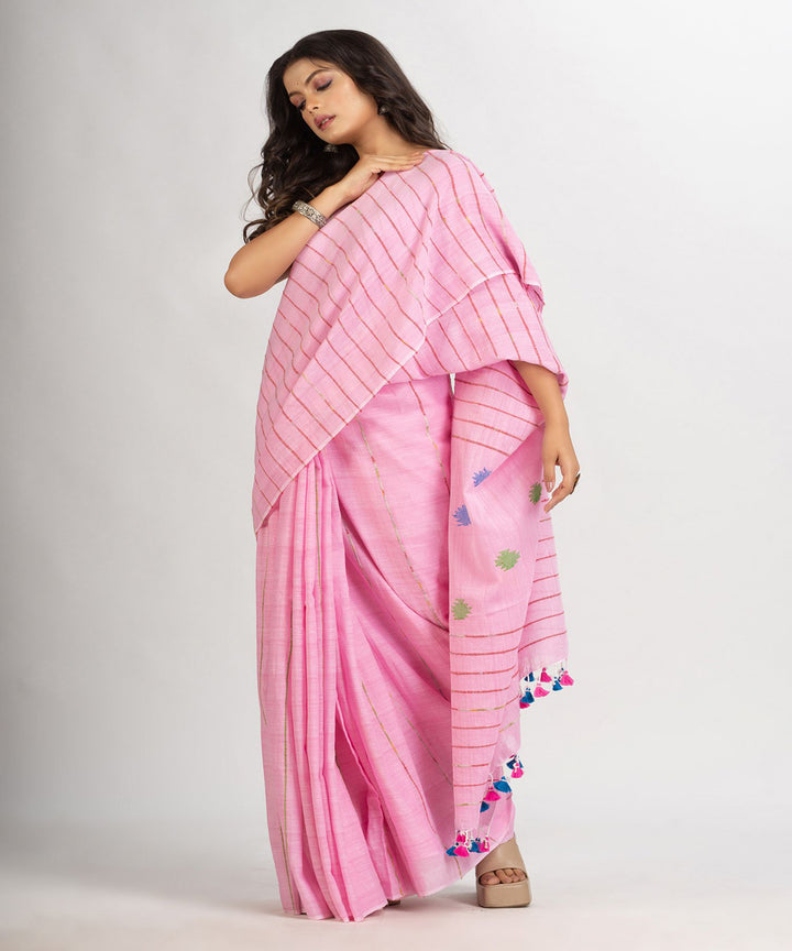 Pink striped handwoven cotton bengal saree