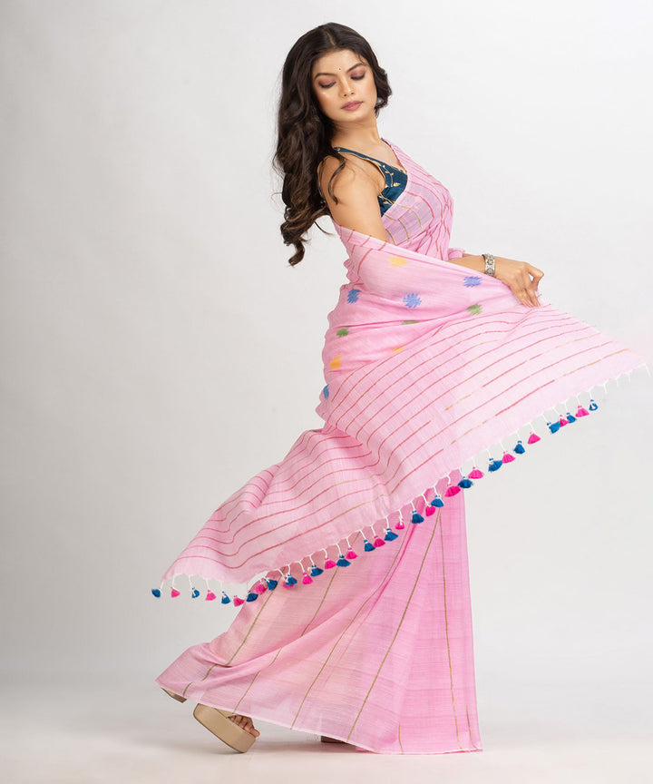 Pink striped handwoven cotton bengal saree
