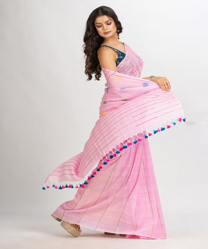 Pink striped handwoven cotton bengal saree