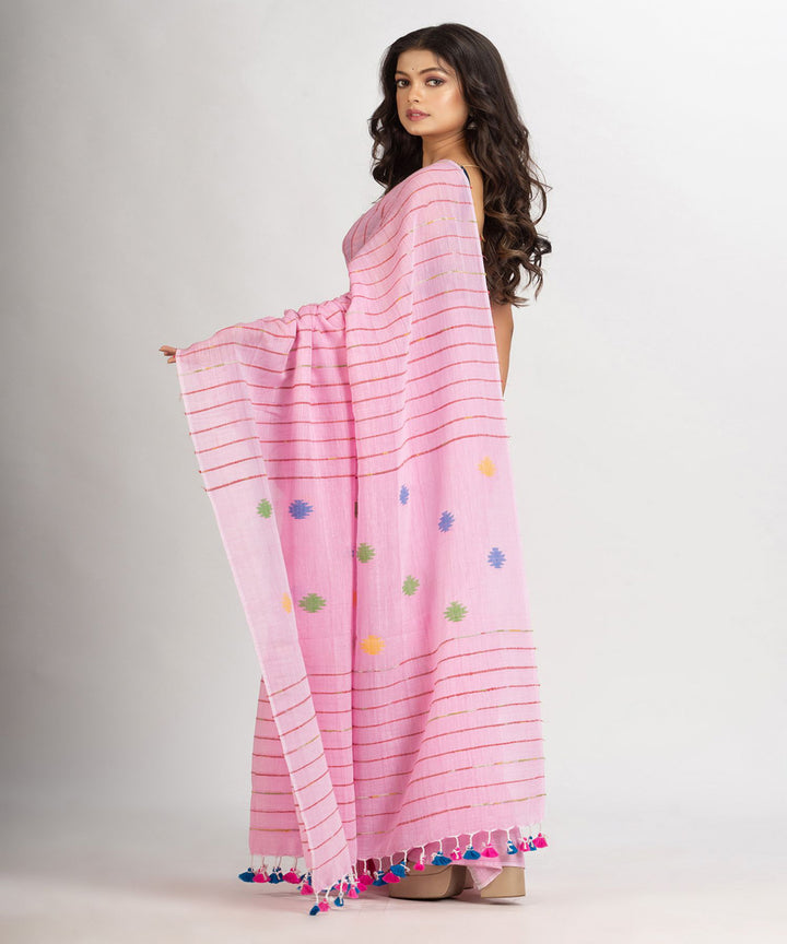 Pink striped handwoven cotton bengal saree