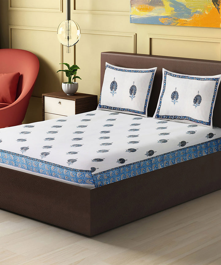 White navy blue hand block printed king size cotton double bedsheet