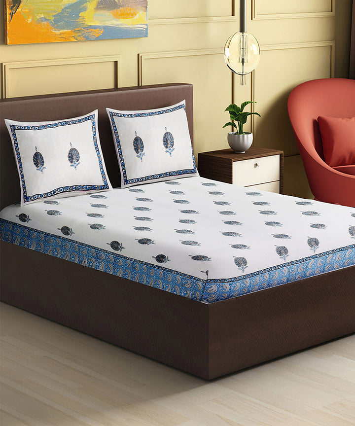 White navy blue hand block printed king size cotton double bedsheet