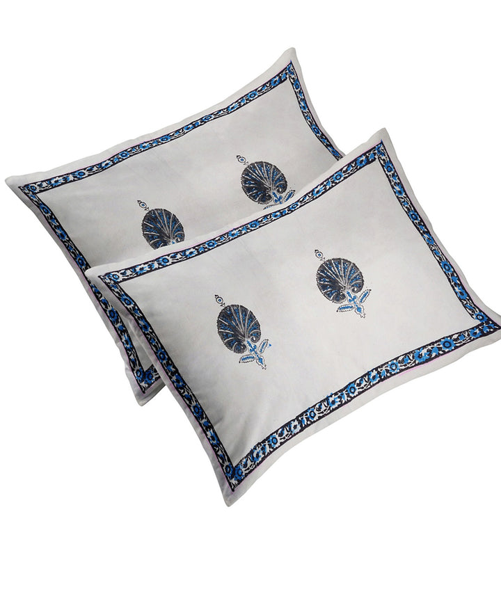 White navy blue hand block printed king size cotton double bedsheet