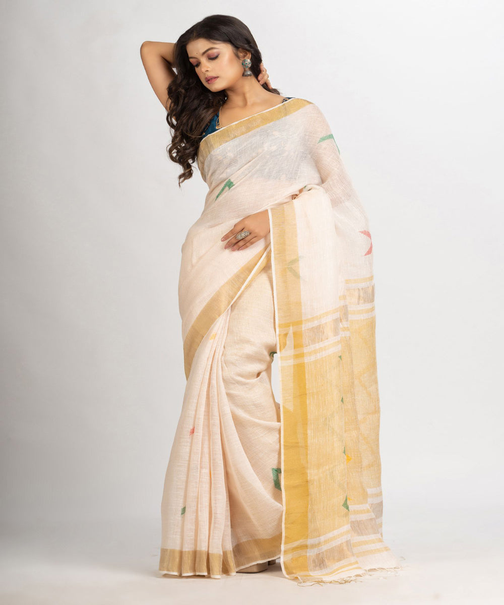 Cream handloom linen zari bengal saree