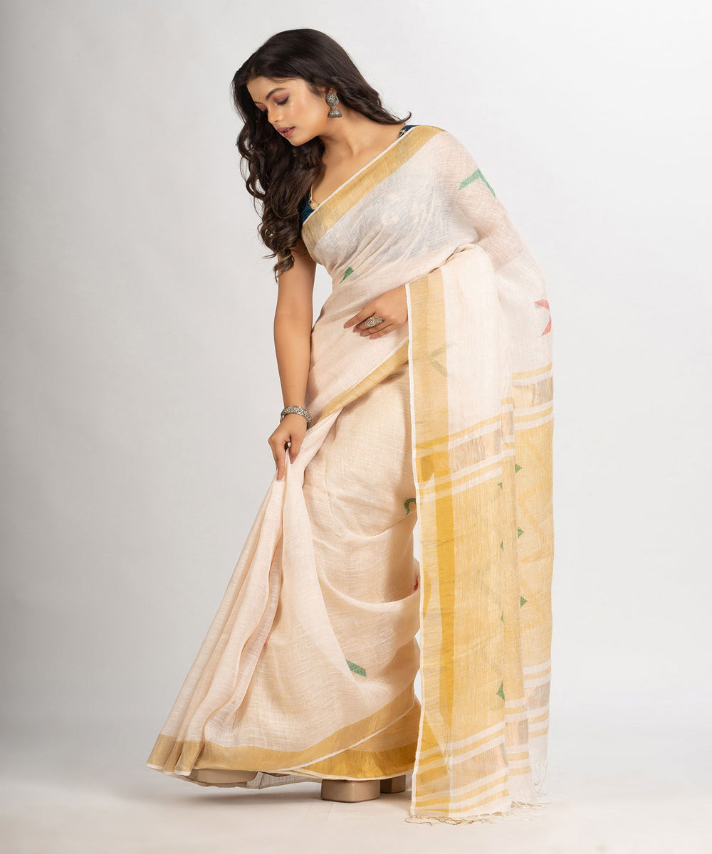Cream handloom linen zari bengal saree