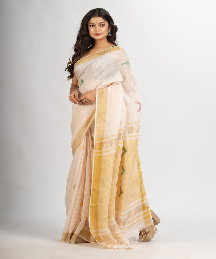 Cream handloom linen zari bengal saree