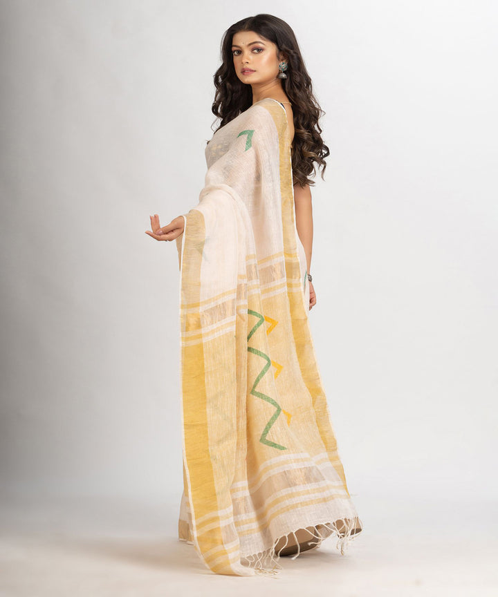 Cream handloom linen zari bengal saree