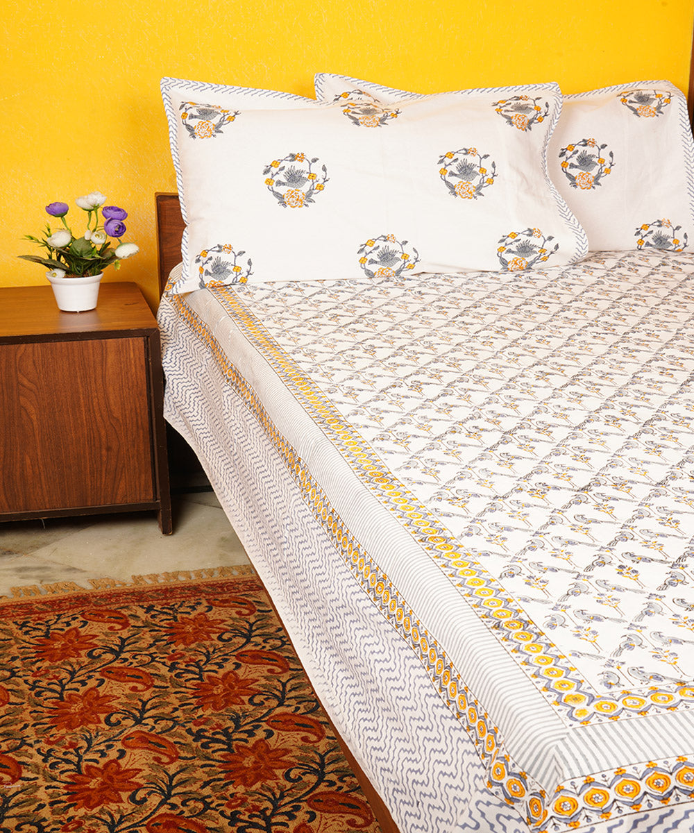 White floral cotton hand block printed double bedsheet