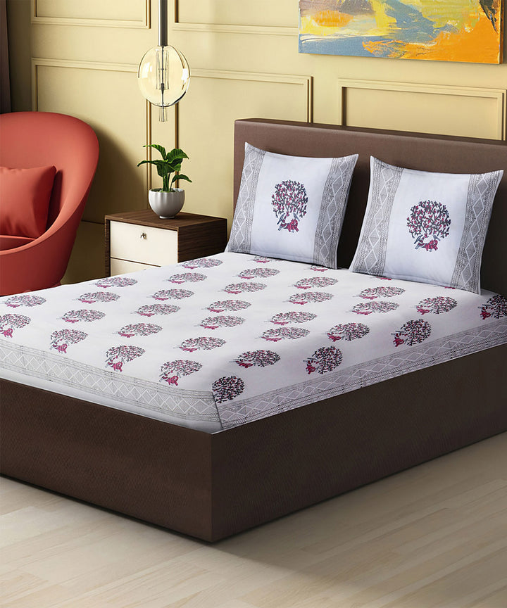 White brown hand block printed king size cotton double bedsheet