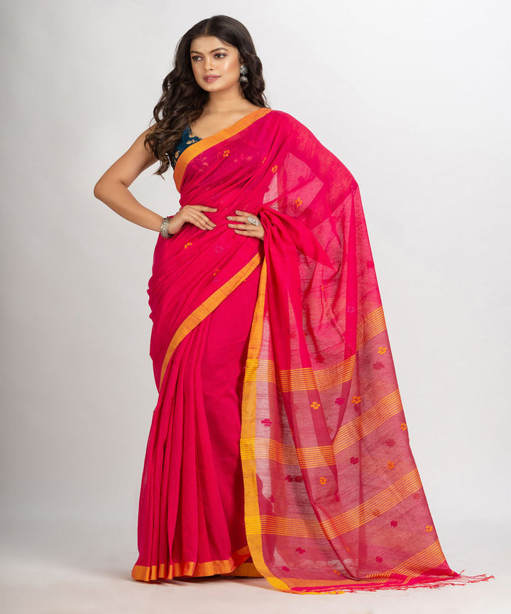 Pink yellow handwoven cotton bengal saree