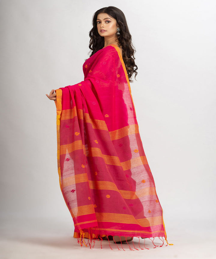 Pink yellow handwoven cotton bengal saree