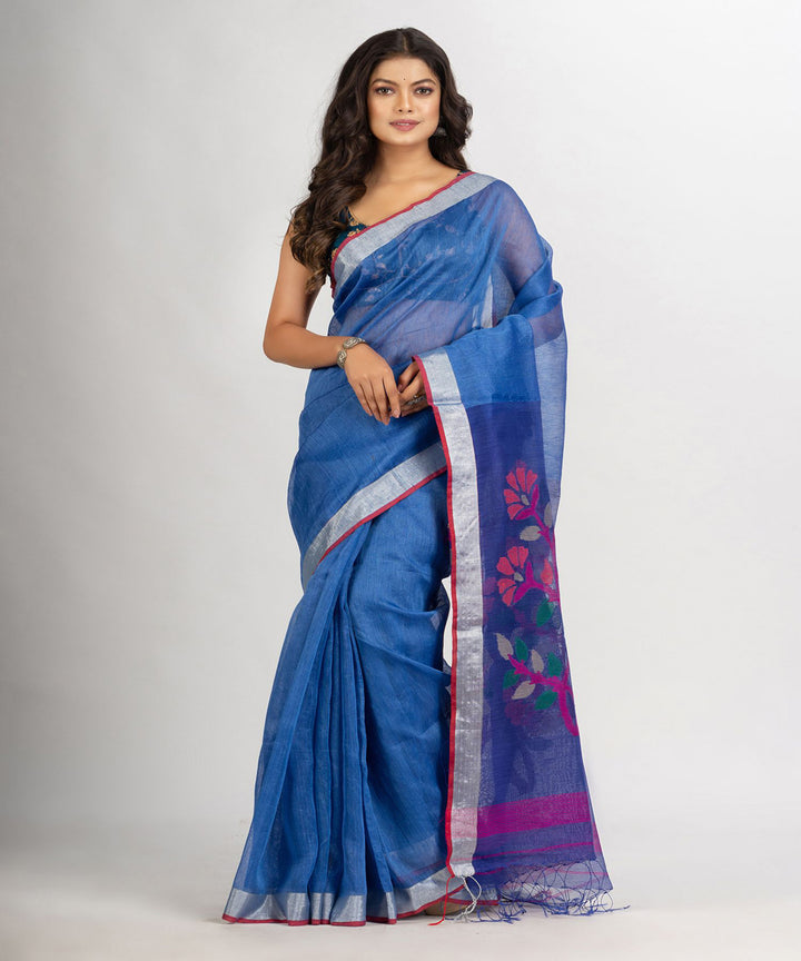Blue pink handwoven linen bengal saree
