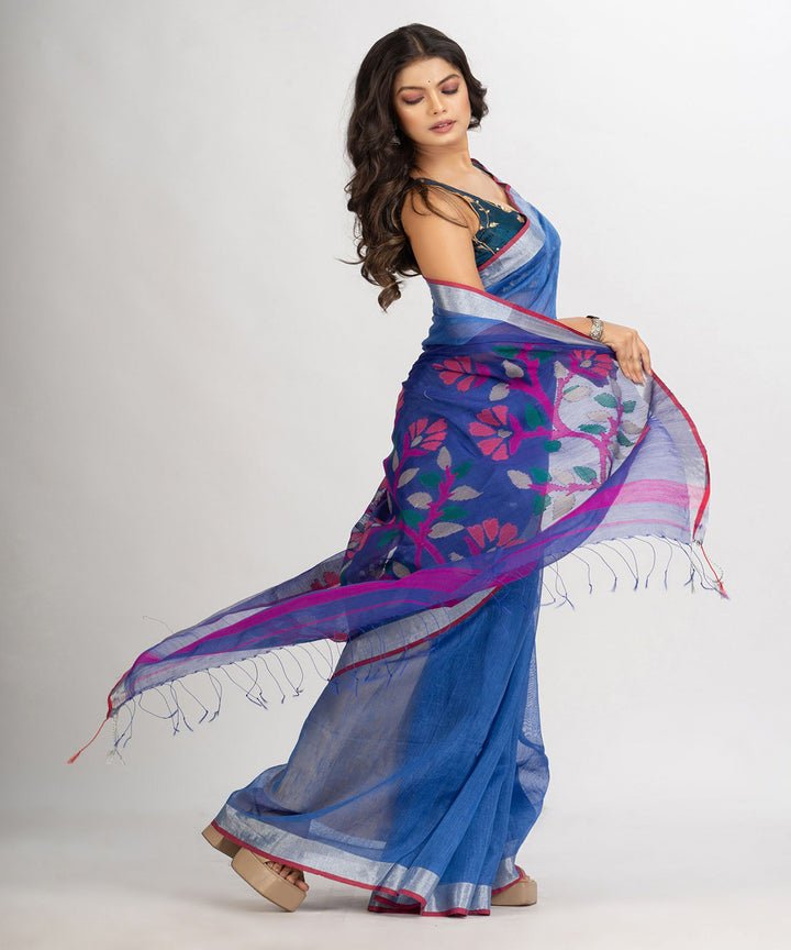 Blue pink handwoven linen bengal saree