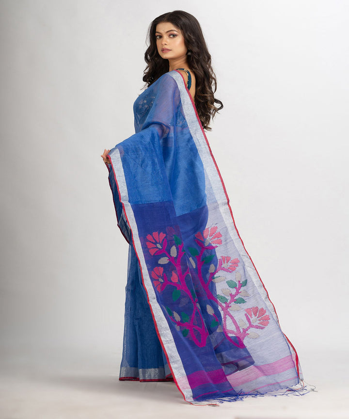 Blue pink handwoven linen bengal saree