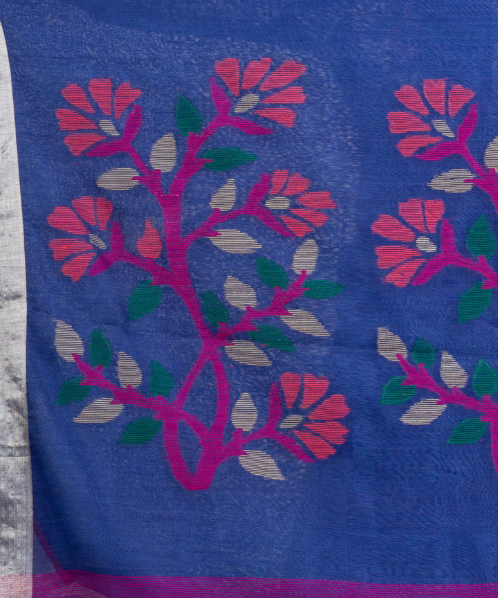 Blue pink handwoven linen bengal saree