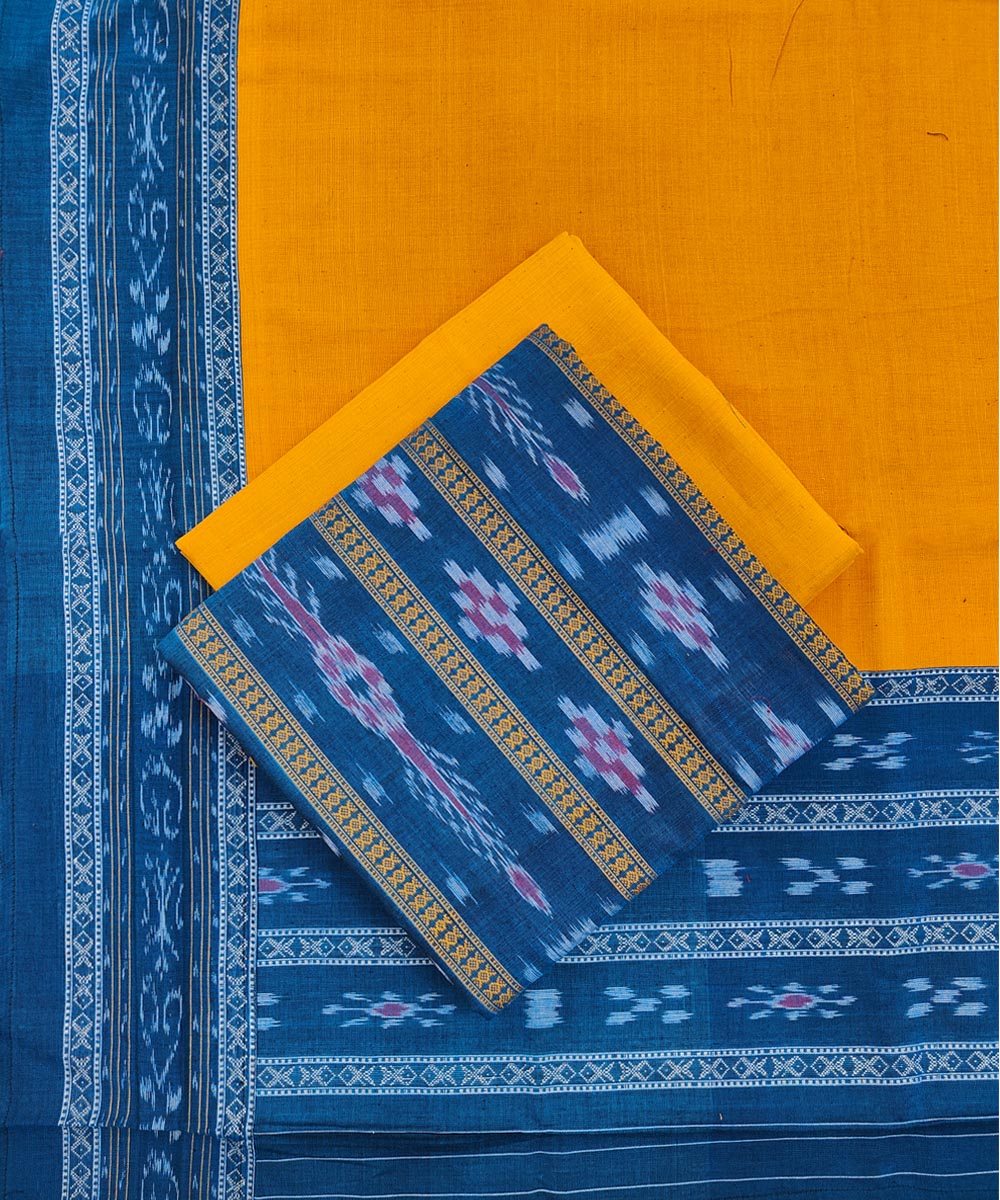 3pcs cyan blue yellow handwoven cotton nuapatna dress material GoSwadeshi 3pcs cyan blue yellow handwoven cotton nuapatna dress material GoSwadeshi
