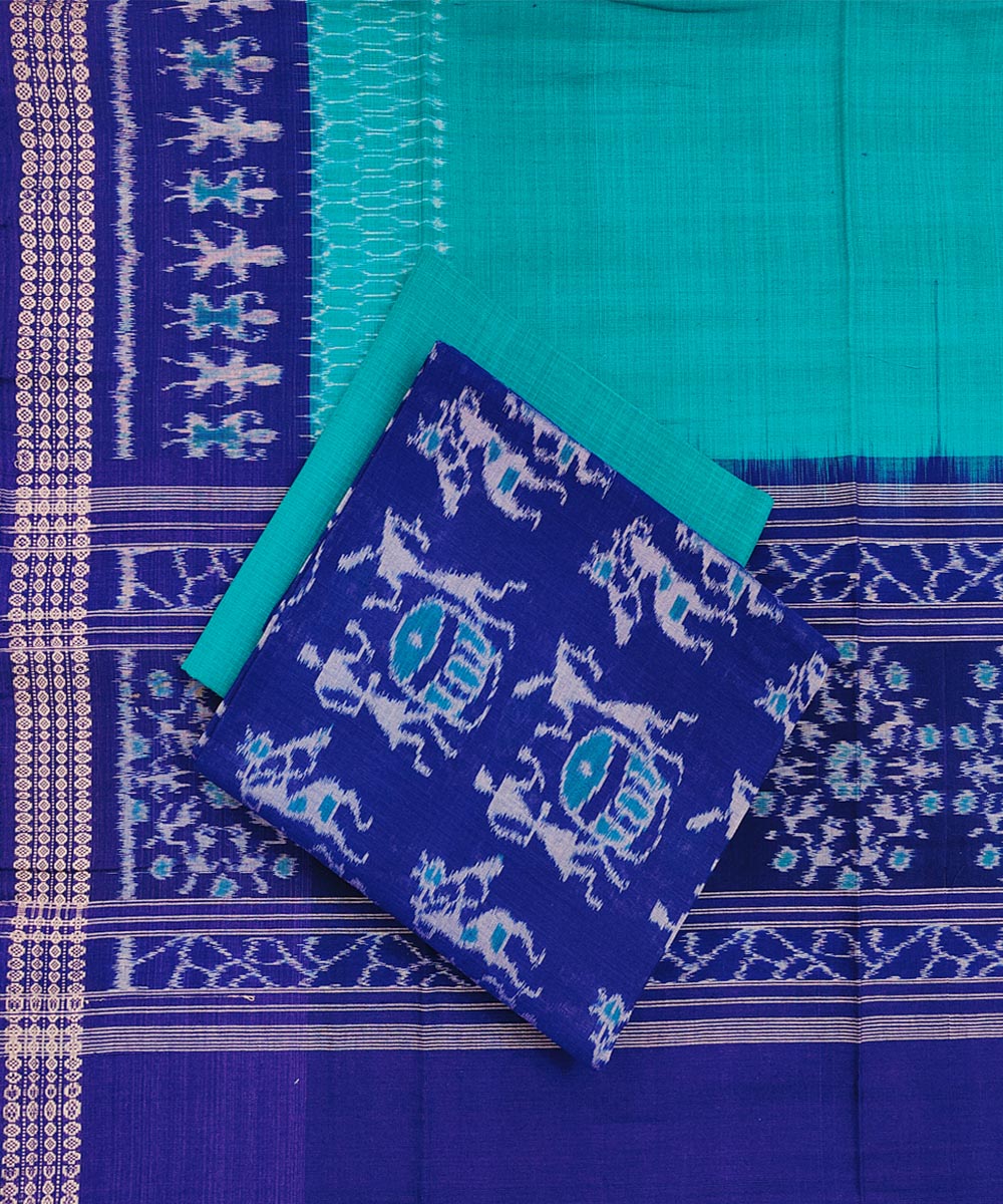 3pcs navy blue rama green handwoven cotton sambalpuri dress material   GoSwadeshi