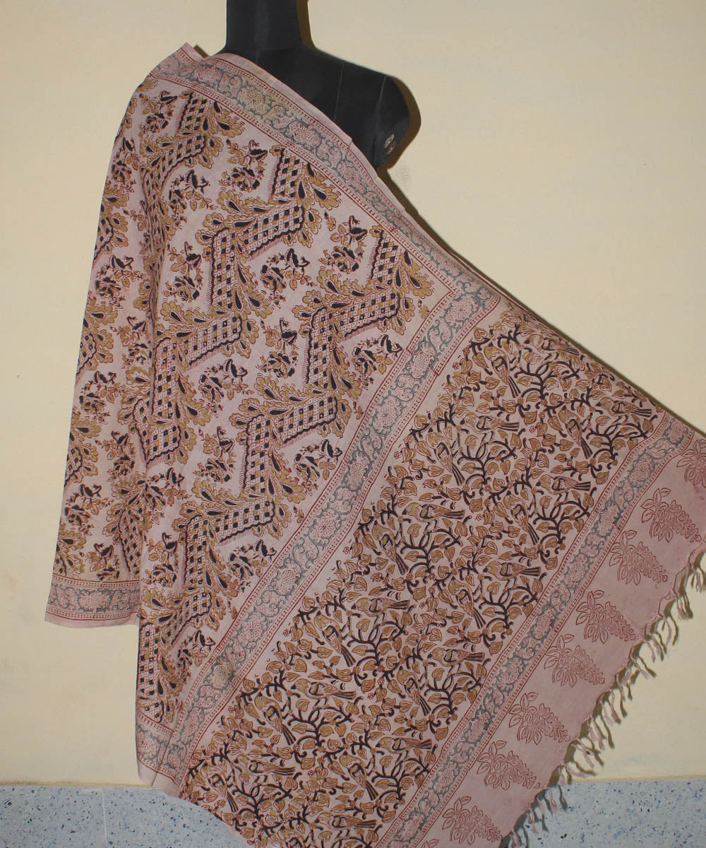 Beige red hand kalamkari printed cotton dupatta