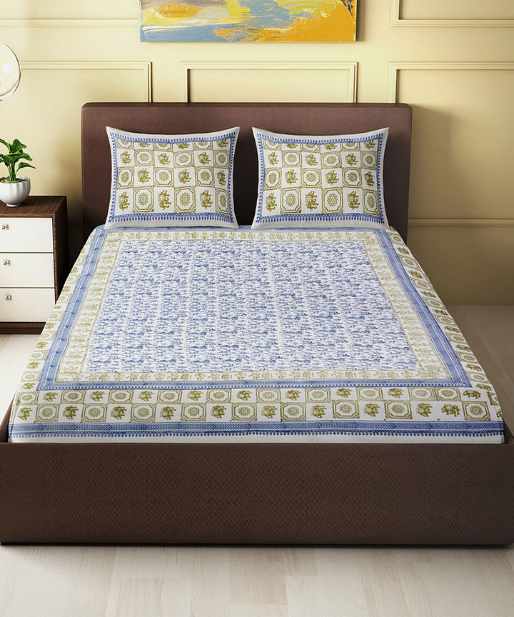 Blue all over hand block printed king size cotton double bedsheet