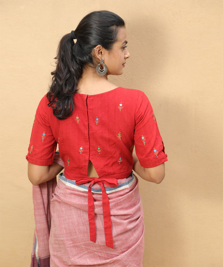 Red handcrafted cotton blouse with hand embroidery