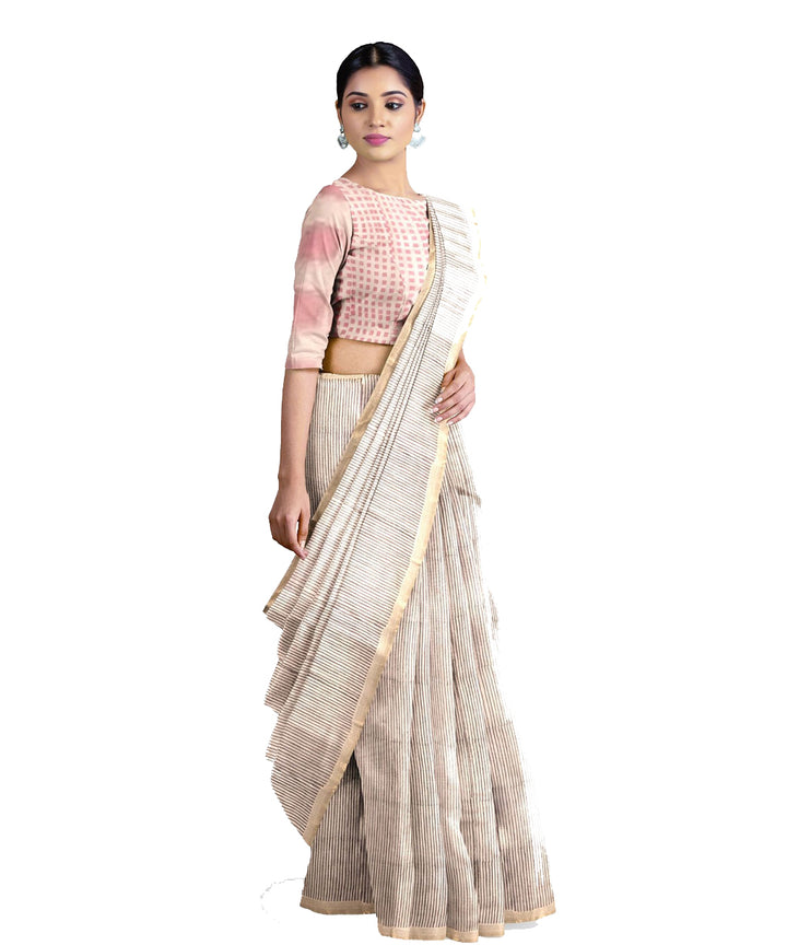 Grey white pink cotton hand printed maheshwari saree