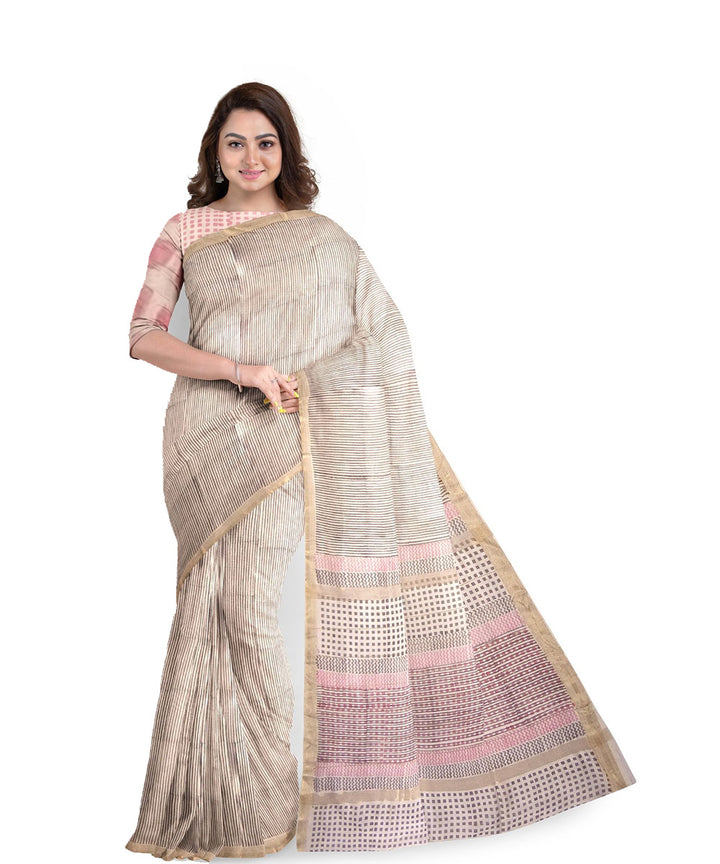 Grey white pink cotton hand printed maheshwari saree