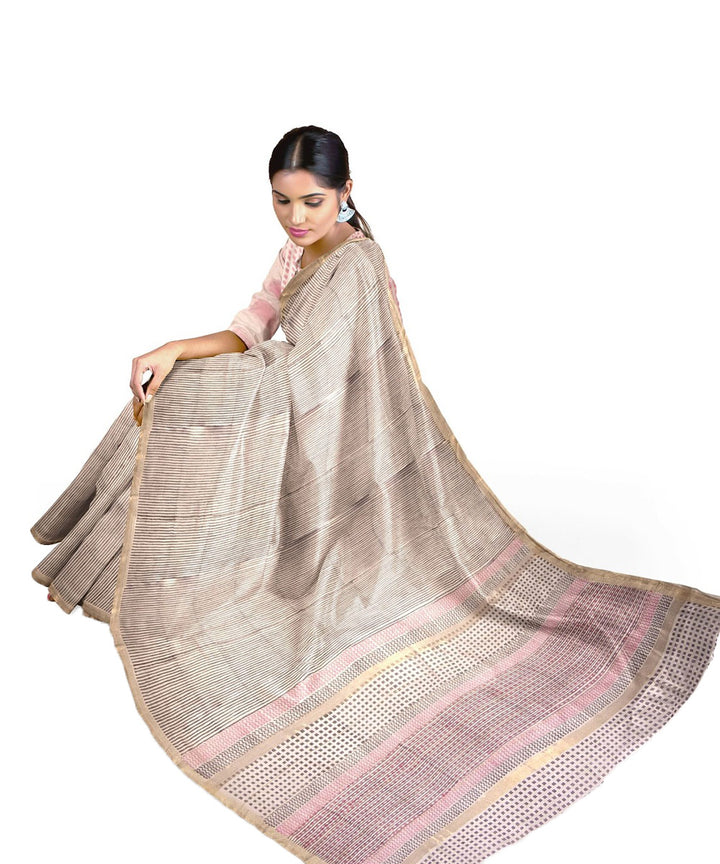 Grey white pink cotton hand printed maheshwari saree