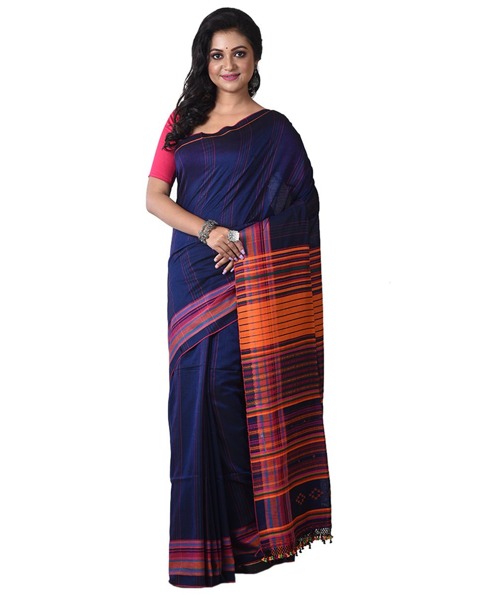 Navy blue multicolor handloom cotton shantipuri saree