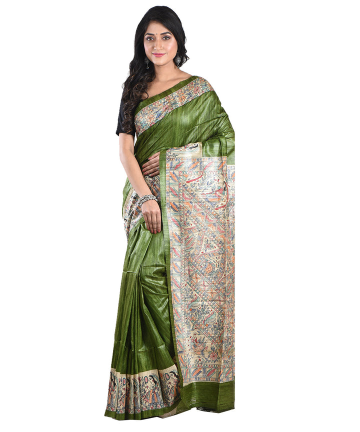 Dark green multicolor handloom tussar silk madhubani painting saree