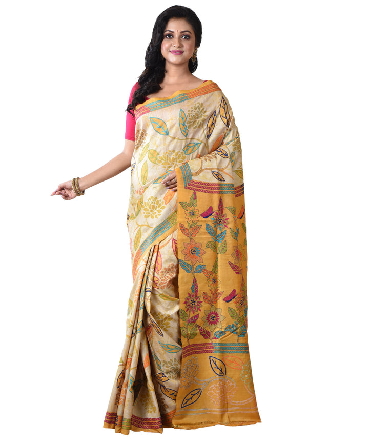 Beige mustard hand kantha stitched tussar silk saree