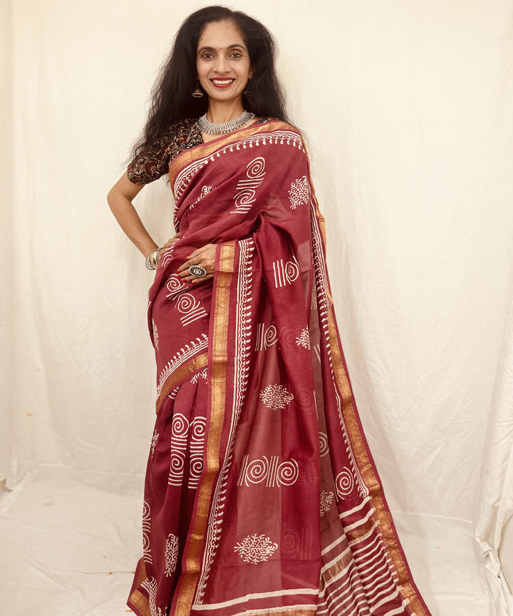 Onion pink hand block bagru print sico maheswari saree