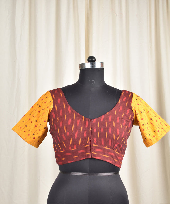 Mustard maroon handwoven ikat embroidered blouse