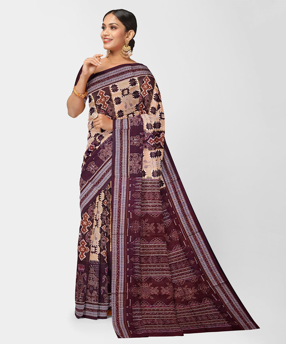 Pale taupe black cotton handwoven sambalpuri saree