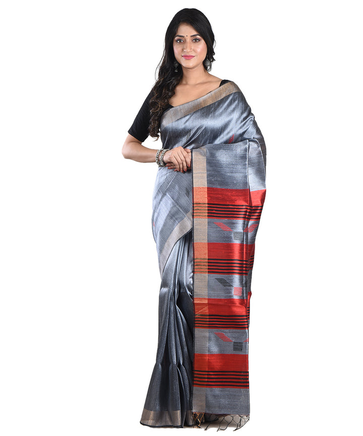 Grey red handwoven tussar silk saree