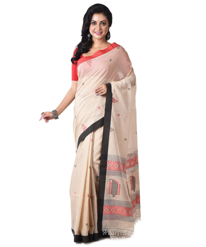 Beige black handloom cotton shantipuri saree