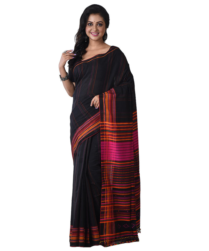 Black multicolor handloom cotton shantipuri saree