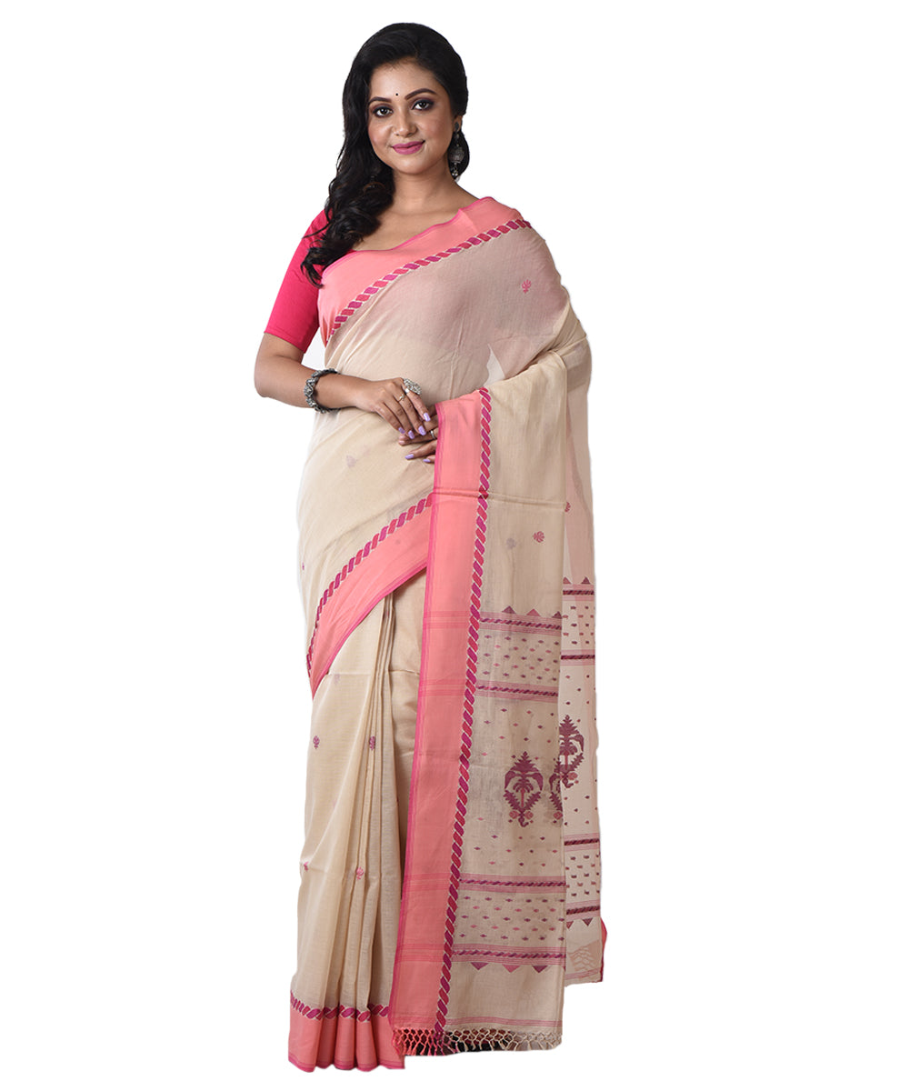 Beige pink handloom cotton shantipuri saree