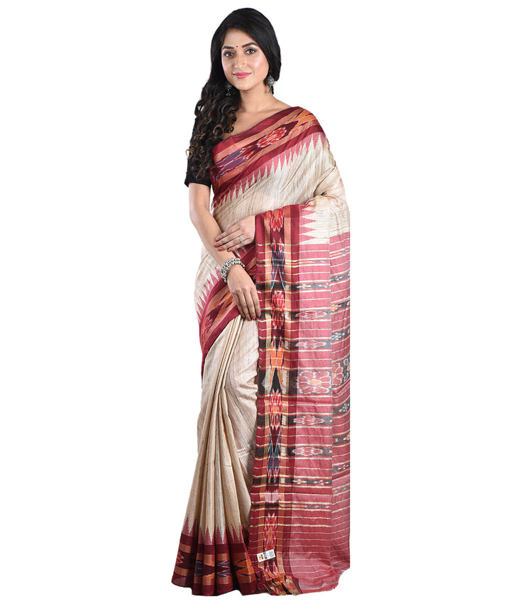 Beige red tussar silk handwoven saree
