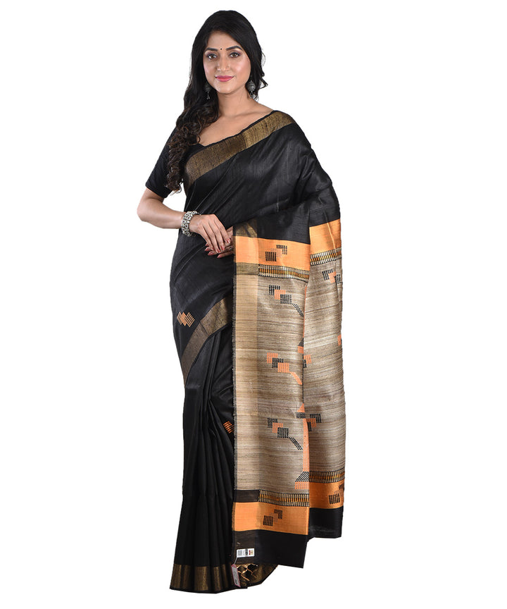 Black beige handloom tussar silk saree