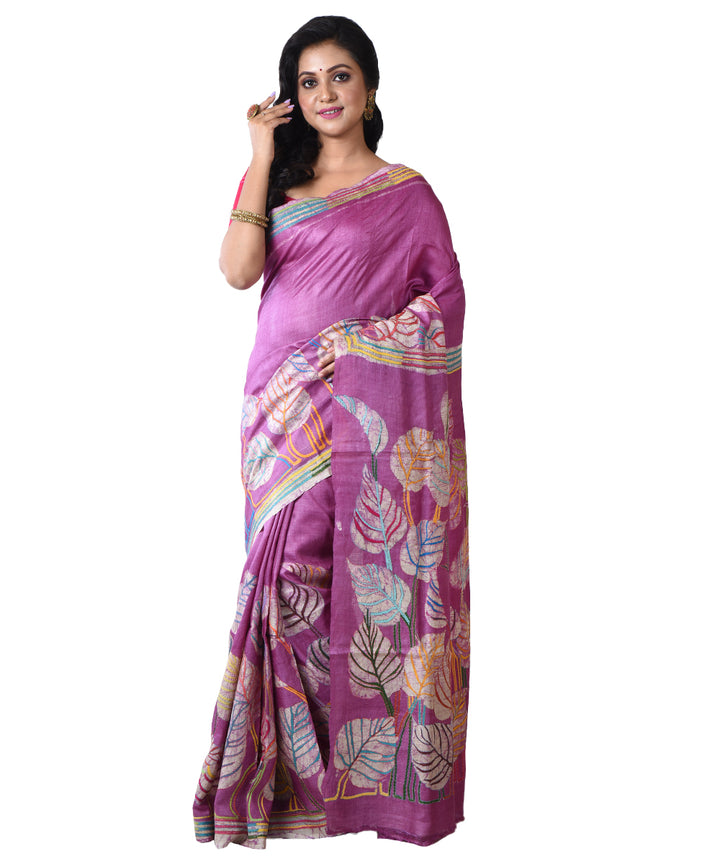 Violet hand kantha stitched tussar silk saree