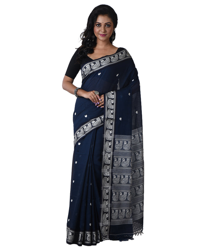 Navy blue white handloom shantipuri cotton saree