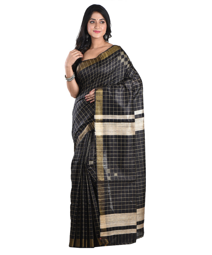 Black beige handwoven tussar silk saree